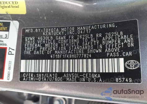2017 Toyota Camry Xle from USA, damaged, VIN 4T1BF1FK8HU777824